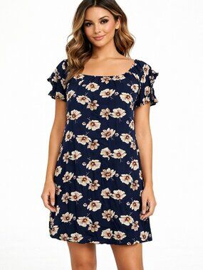 SM Navy Floral Short Slv Dress Comfy Party Travel Gift Twee Indie Spring Summer